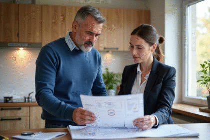 Hommes et femme examinant des échantillons d'isolation dans une cuisine