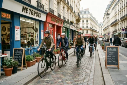 Vue d'ensemble d'une rue de réparation de vélos dans les Hauts-de-Seine avec plusieurs cyclistes et boutiques indépendantes