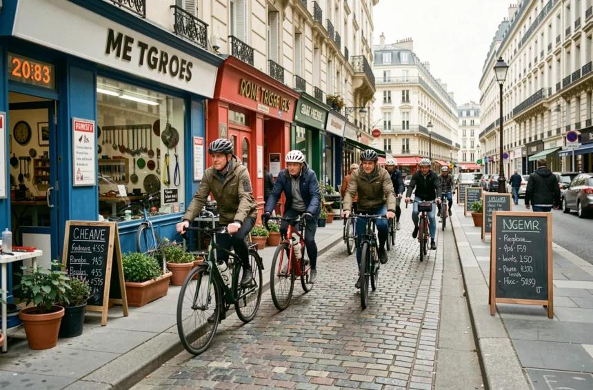 Vue d'ensemble d'une rue de réparation de vélos dans les Hauts-de-Seine avec plusieurs cyclistes et boutiques indépendantes