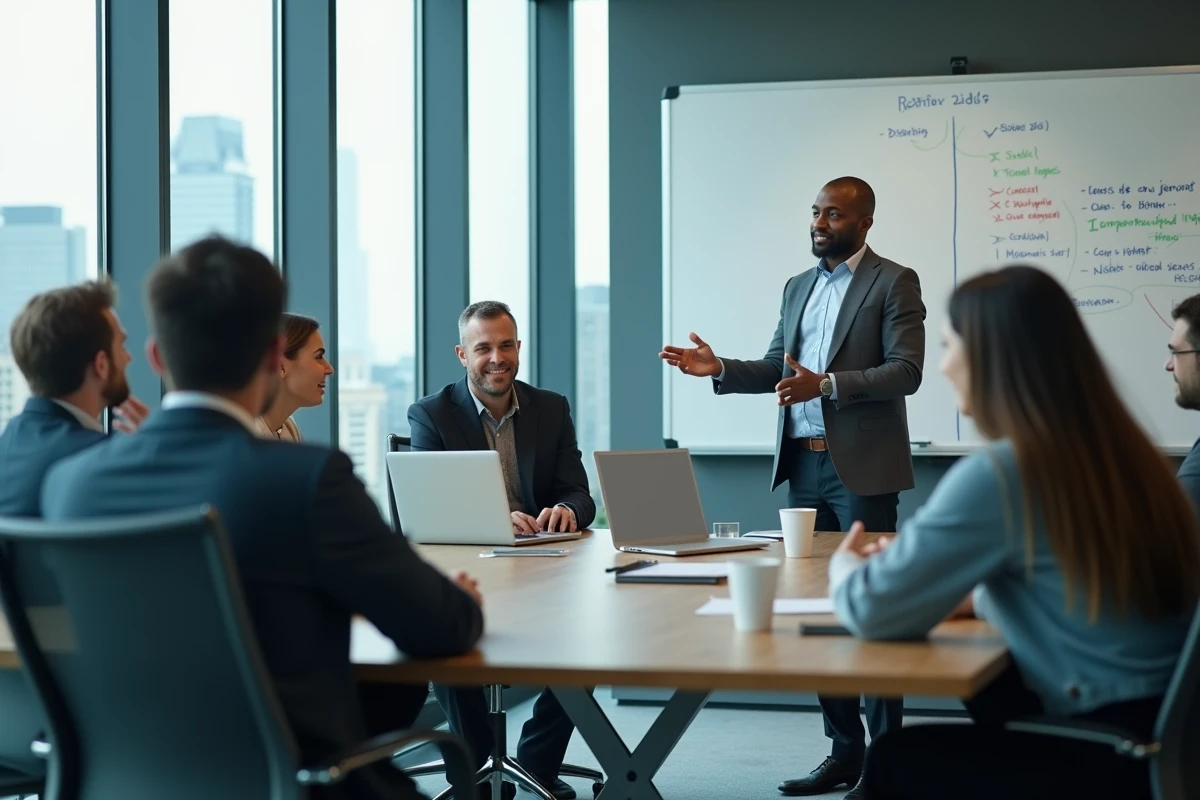 Groupe de collègues en réunion dans une salle vitrée