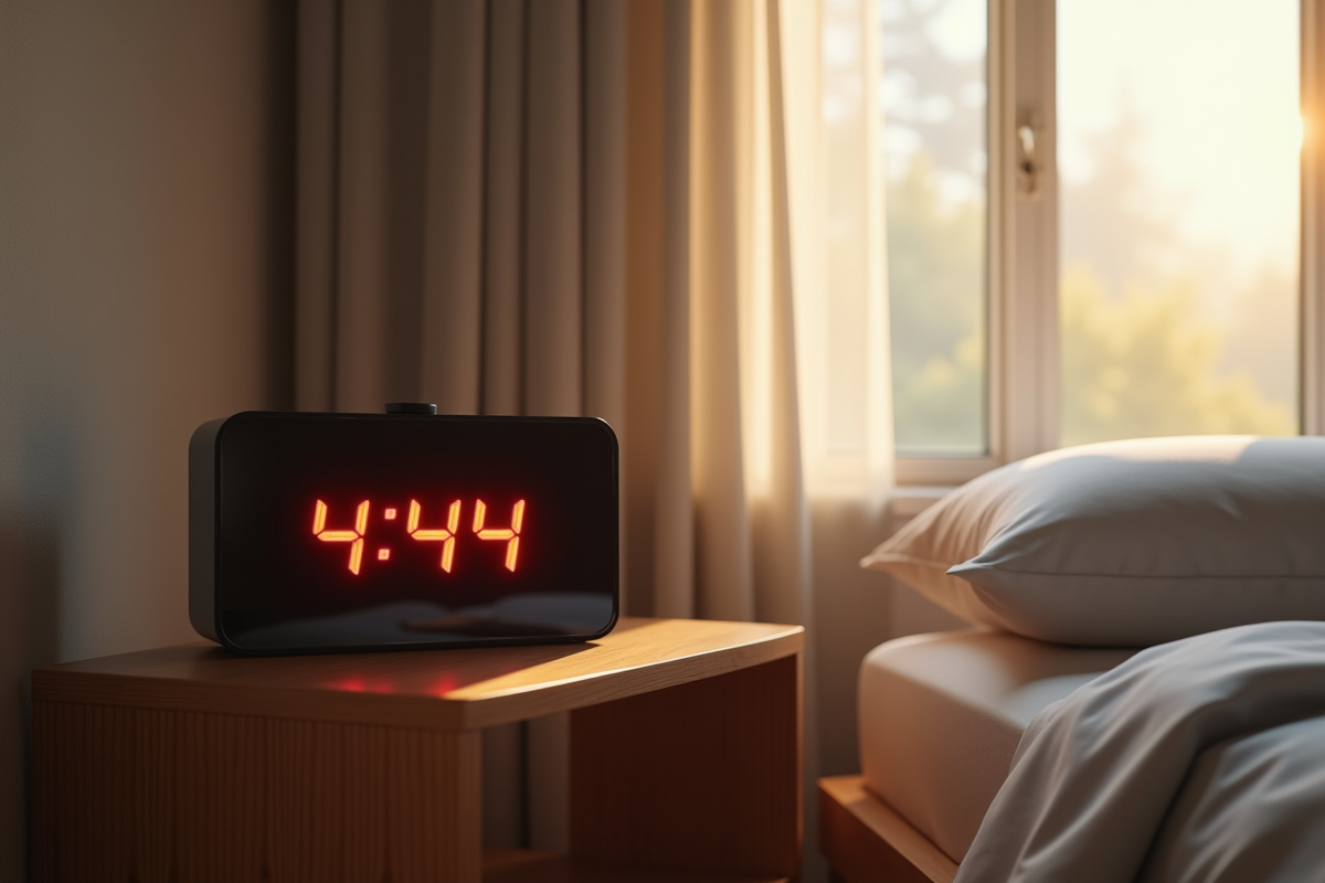Réveil digital moderne sur table en bois dans une chambre calme
