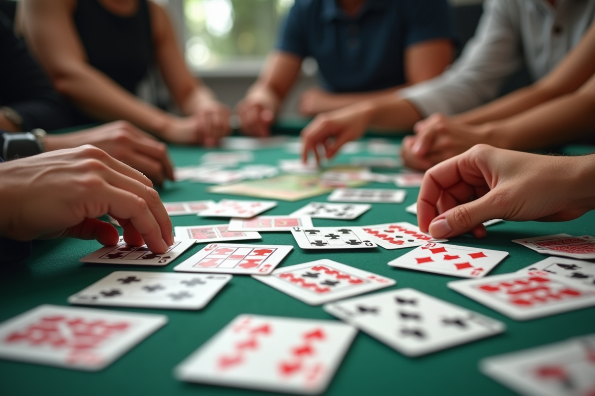Cartes de belote et livres de règles sur une table moderne