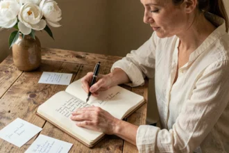 Femme écrivant des vœux de mariage et d'anniversaire dans un journal avec une plume, entourée de cartes poétiques et de pivoines blanches