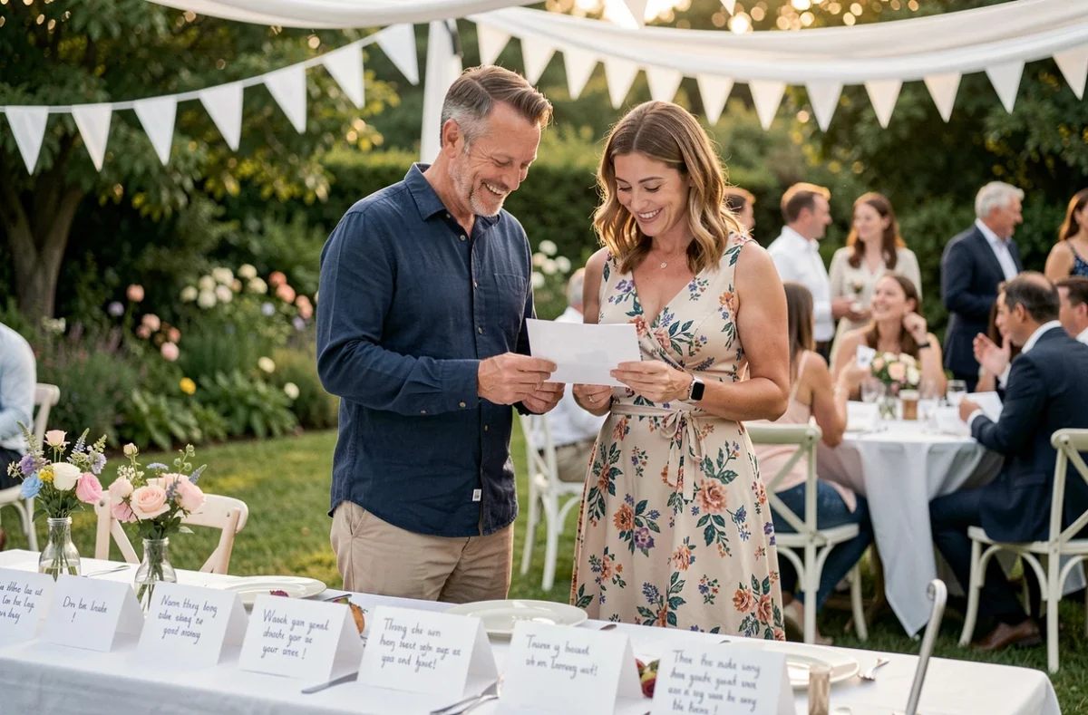Couple lisant des rimes et vœux poétiques lors d'une fête de mariage en plein air, entouré de cartes manuscrites et de décoration florale