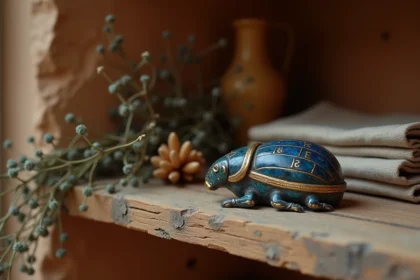 Scarabée égyptien en lapis-lazuli posé sur une étagère en bois dans un appartement français aux murs en pierre