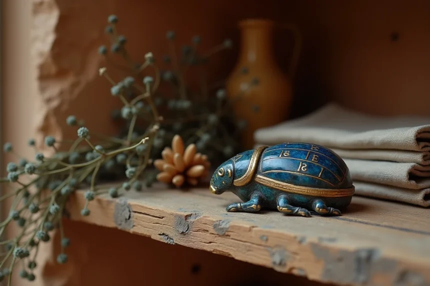 Scarabée égyptien en lapis-lazuli posé sur une étagère en bois dans un appartement français aux murs en pierre