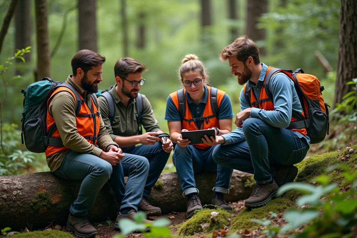 Groupe de scientifiques en forêt avec tablette blockchain