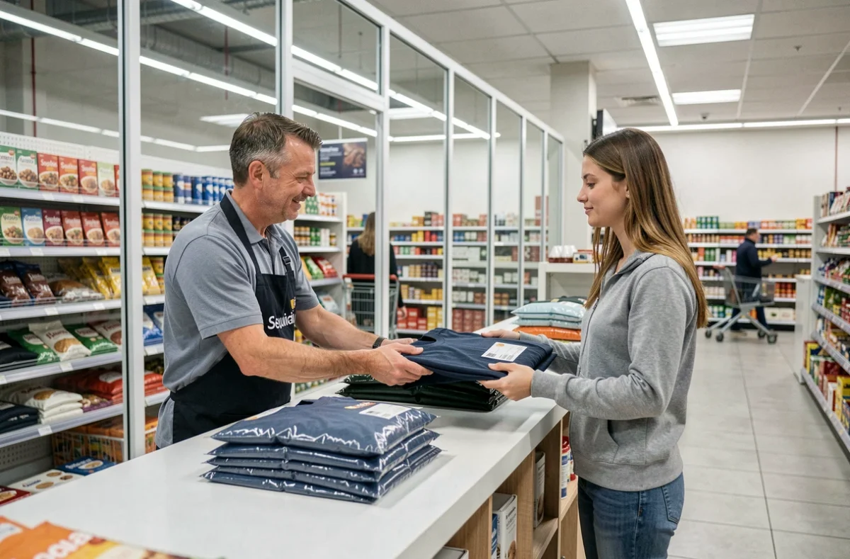Employé de l'enseigne Sequoia Pressing en grande surface à Lyon 9 remettant un vêtement emballé à une cliente