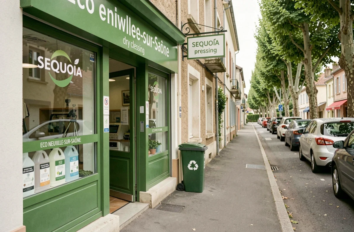 Devanture écoresponsable du Sequoia Pressing à Neuville-sur-Saône avec signalétique verte et produits écologiques en vitrine