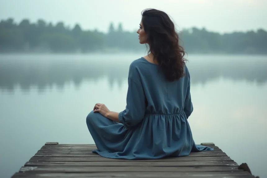 Femme Cancer du zodiaque assise en contemplation au bord d'un lac calme, évoquant la sensibilité et l'intuition du signe astrologique du 12 juillet