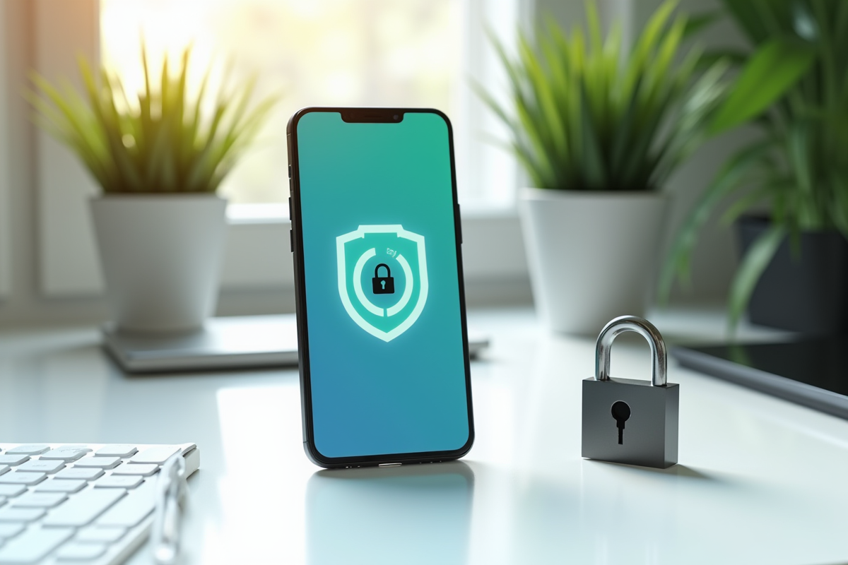 Smartphone affichant NordVPN avec cadenas et bouclier