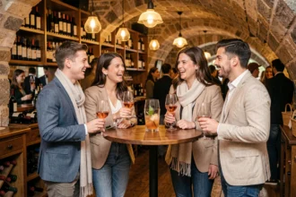Groupe de célibataires parisiens en soirée dans un bar à vin, riant et discutant autour d'une table haute avec des verres de rosé