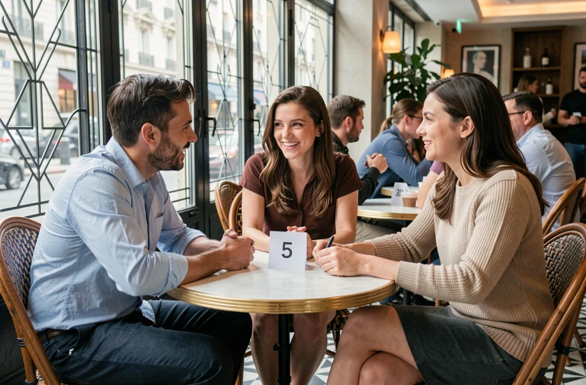 Scène de speed-dating entre célibataires parisiens dans un café moderne, participants assis à des petites tables rondes en train d'échanger avec animation