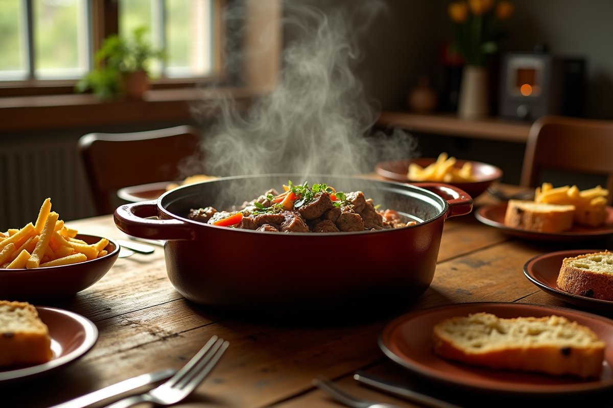Table rustique avec carbonade flamande et accompagnements