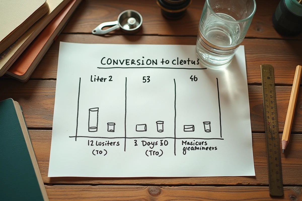 Tableau de conversion mètres cubes en litres posé sur un bureau en bois avec verre d'eau et règle