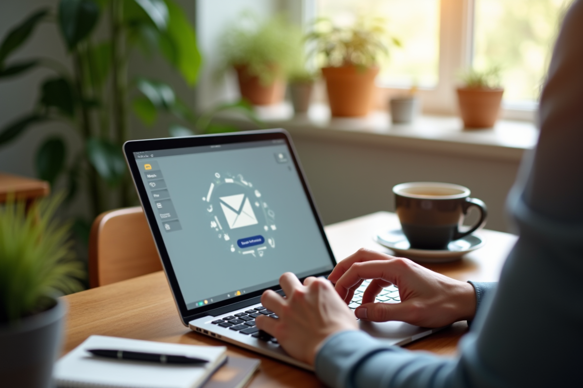 Personne tapant sur une tablette avec interface webmail dans un cadre cosy
