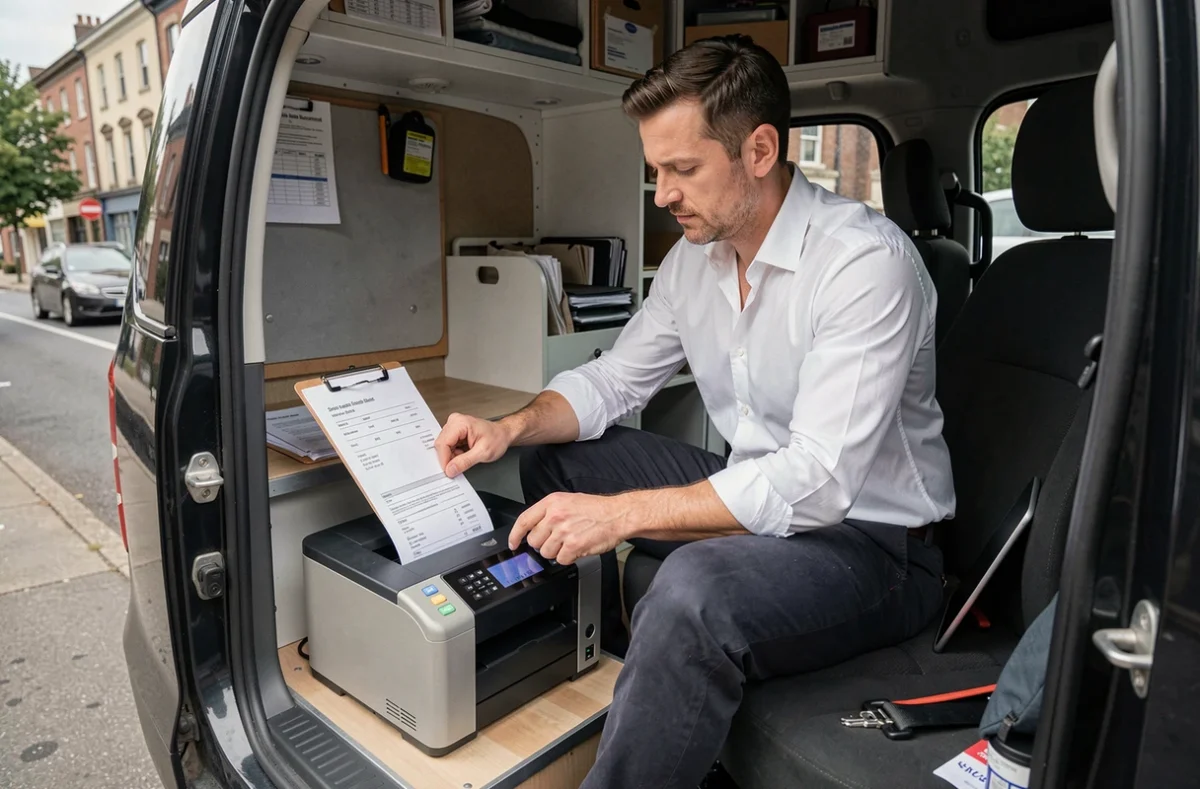 Technicien imprimant un bon de livraison depuis une imprimante couleur portable installée dans un véhicule utilitaire