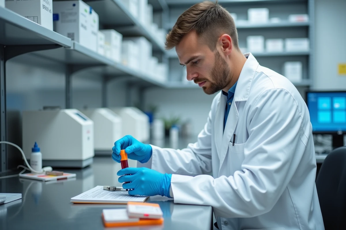 Technicien de laboratoire étiquetant un tube de prise de sang dans un laboratoire d'analyses médicales à Aix-en-Provence