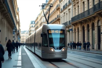 Tramway moderne de Bordeaux circulant sur une avenue haussmannienne avec rails intégrés dans le sol en pierre