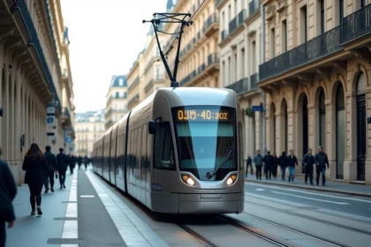 Tramway moderne de Bordeaux circulant sur une avenue haussmannienne avec rails intégrés dans le sol en pierre