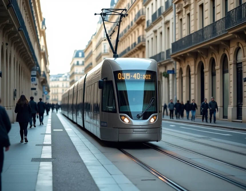 Tramway moderne de Bordeaux circulant sur une avenue haussmannienne avec rails intégrés dans le sol en pierre
