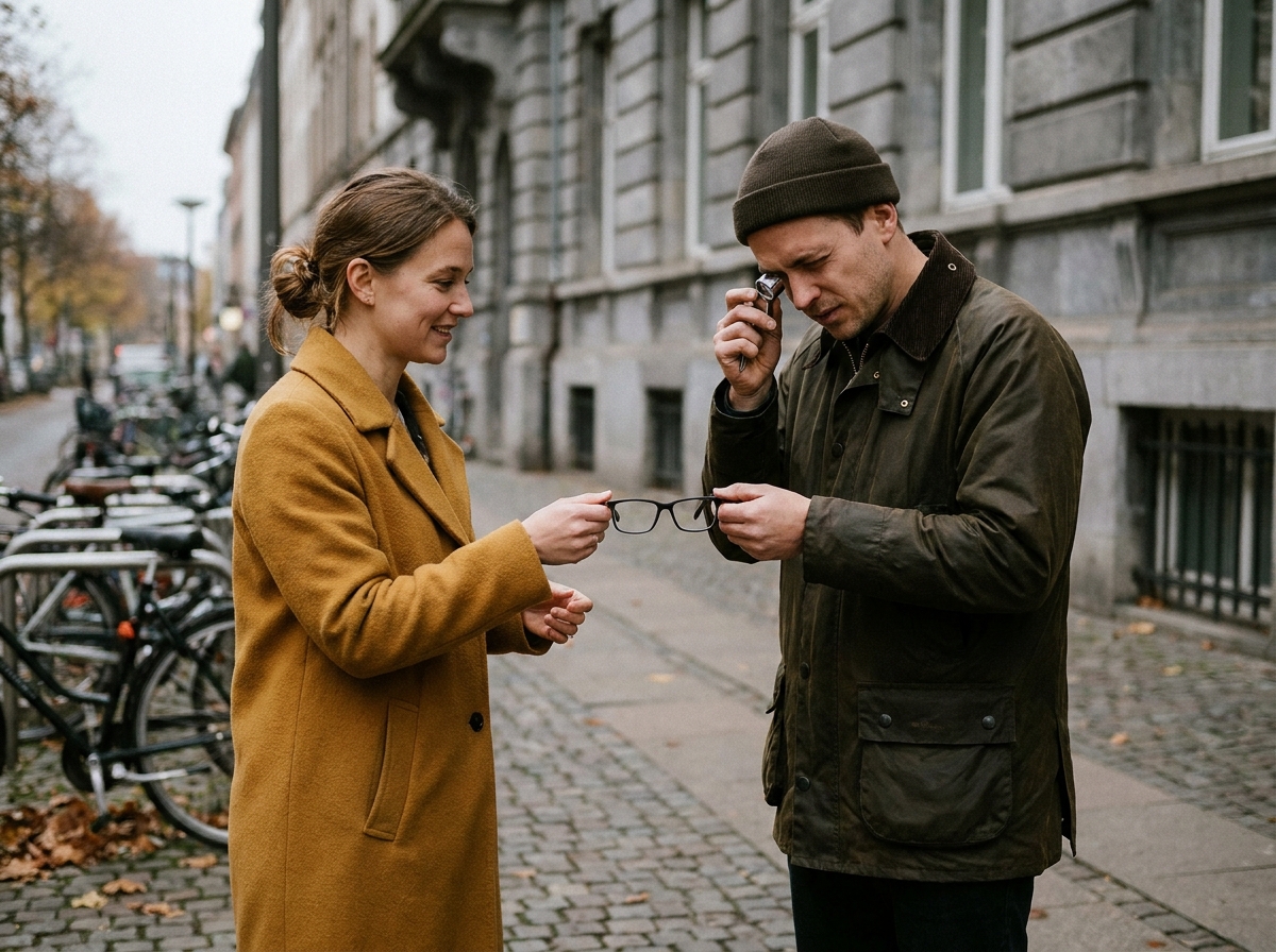 Transaction de lunettes d'occasion entre deux particuliers dans la rue, l'acheteur vérifiant l'état des verres avec une loupe