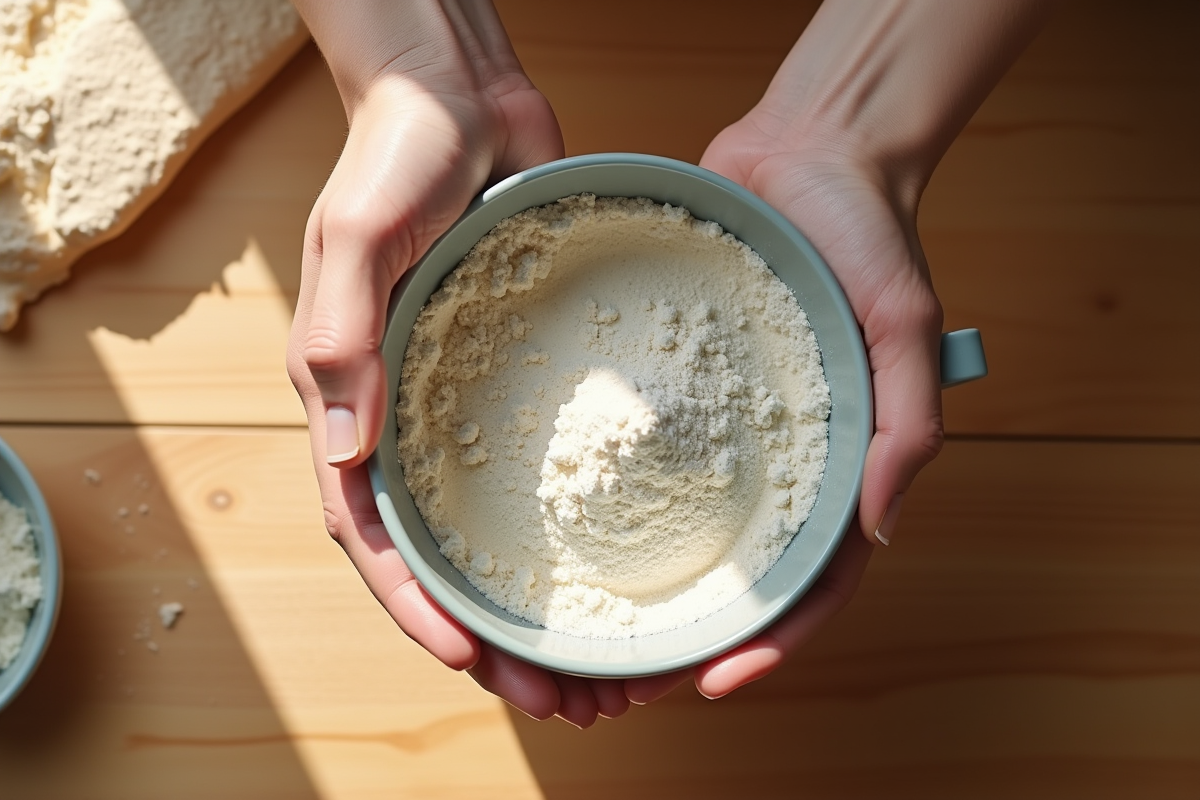 Mains transférant la farine dans un pichet sur plan de travail