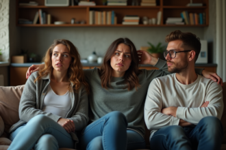 Trois adultes frustrés dans un salon désordonné