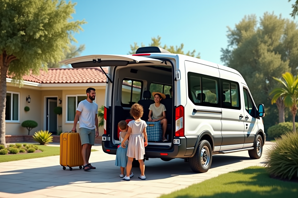 Van 7 places familial garé dans une allée ensoleillée
