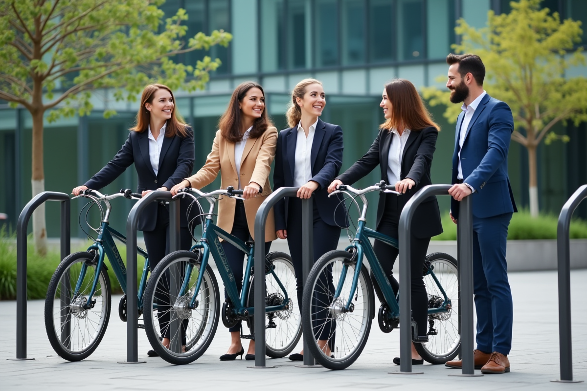 Groupe de professionnels avec vélos devant immeuble moderne