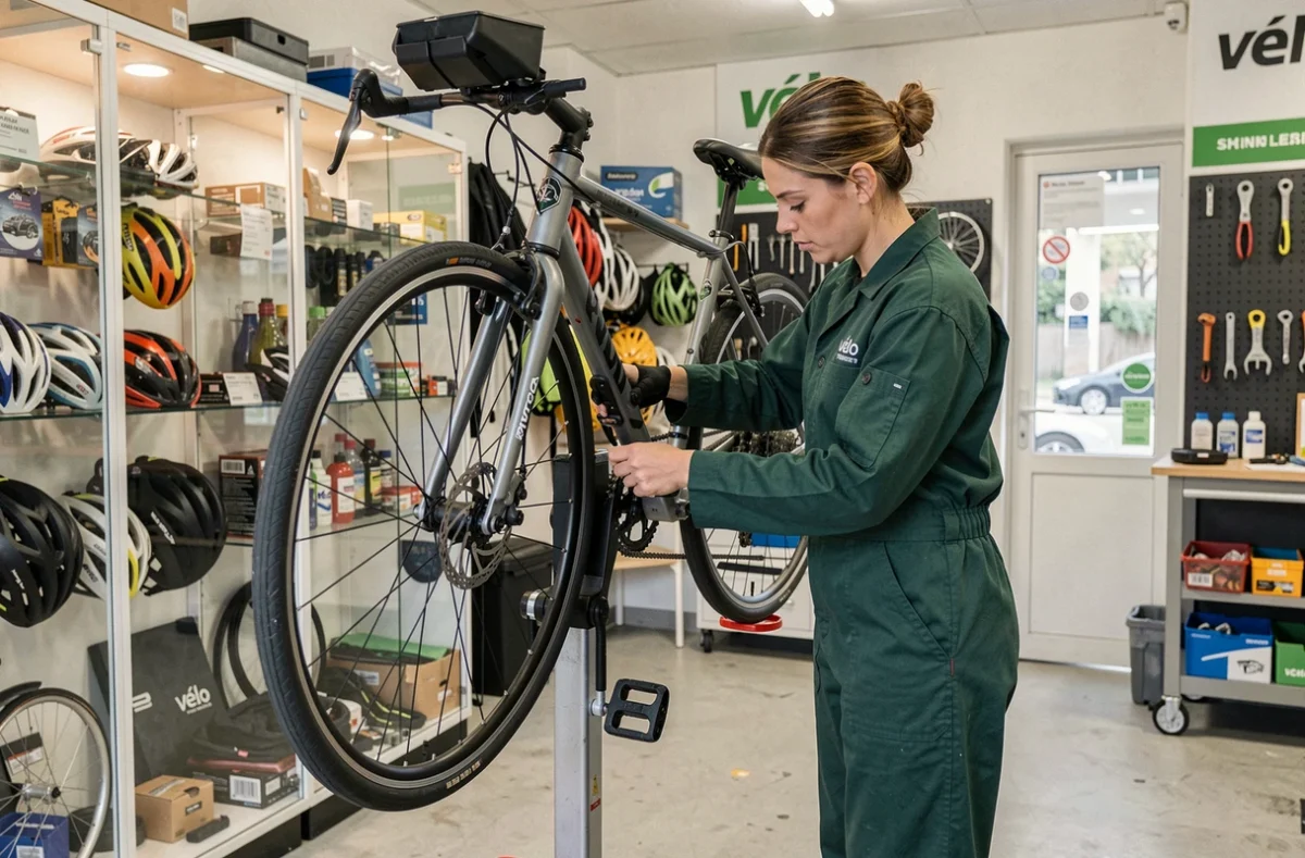 Mécanicienne de Vélo Station à Issy-les-Moulineaux remplaçant les plaquettes de frein d'un vélo urbain