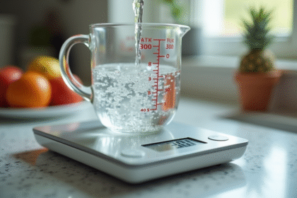 Verre mesureur versant de l'eau sur une balance numérique