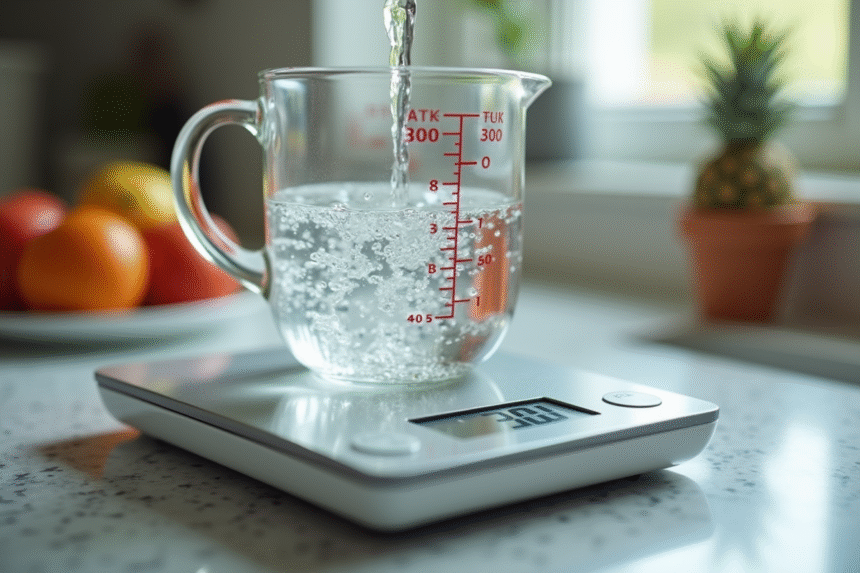 Verre mesureur versant de l'eau sur une balance numérique