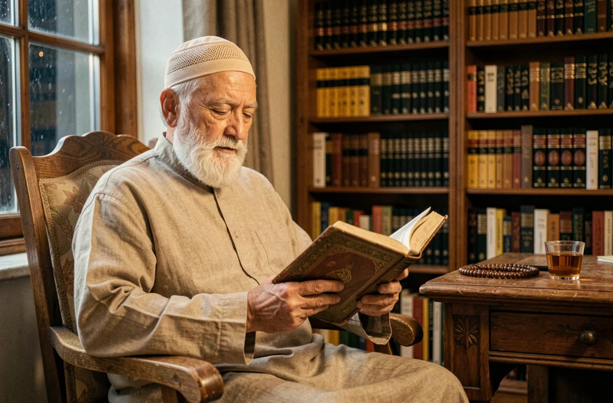 Vieil homme musulman lisant la sourate Al Mulk dans une bibliothèque cosy avant de dormir