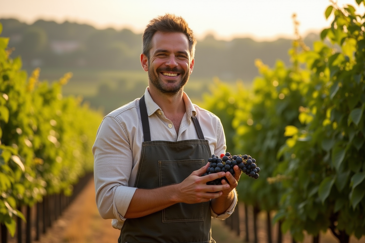 Vigneron souriant dans un vignoble au lever du soleil