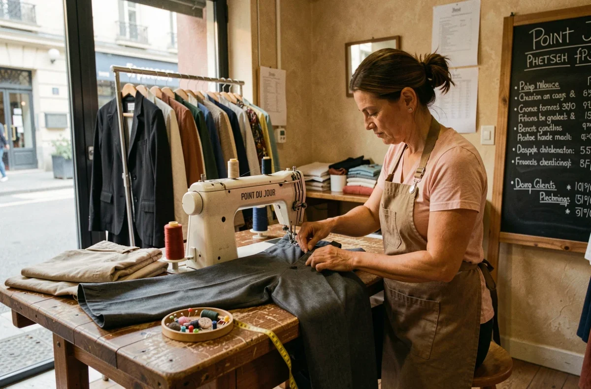 Couturière de Votre Pressing Lyon 5 effectuant des retouches sur un pantalon dans l'atelier du Point du Jour